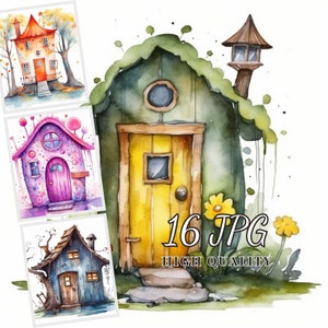 Fairy House Clipart, Clipart Bundle, 16 JPG Images, Colorful Fairy Houses, Scrapbooking, Journaling, Digital Download, Commercial Use