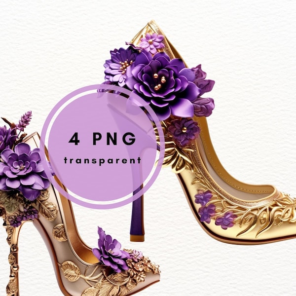 Purple Gold High Heels Clipart, Bridal Clipart PNG Bundle, Fashion Shoes Clipart PNG, 4 High Quality Images, Shoes Sublimation, Cards Making