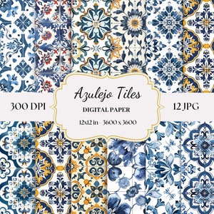 Azulejo Tiles Watercolor Clipart, Portugues Tiles Clipart Bundle, 12 wysokiej jakości obrazów JPG do scrapbookingu, pakowania prezentów, sublimacji