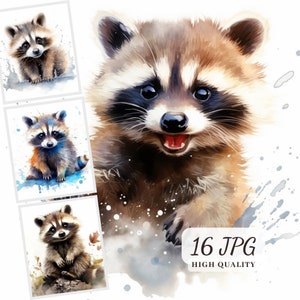 Funny Baby Raccoon Clipart, 16 High Quality JPG Images for Cards Making, Sublimation, Nursery Art, Mug Design, Invitations, Digital Download