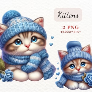 Clipart de chaton d’hiver, chat dans des chapeaux tricotés bleus, clipart d’hiver, 2 images PNG de haute qualité, lot de cliparts PNG, fabrication de cartes, scrapbooking