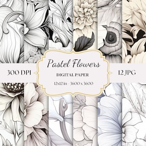 Blumen Digitales Papier, Pastell Blush Blumen, 12 JPG Bilder, Aquarell Digitales Papier, Elfenbeinfarben, Graue Papiere, Blumen Papiere, Geschenkpapier
