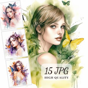 Aquarell Mädchen Portrait Clipart, 15 hochwertige JPG Illustrationen, Mädchen mit Schmetterlingen, hübsches Mädchen Clipart für Karten, Mädchen Sublimation