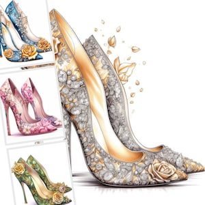 Scarpe da ballo da sposa con fiori, Clipart acquerello glamour di moda JPG, diario spazzatura, creazione di biglietti, uso commerciale, download digitale