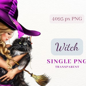 Single Witch Clipart, Watercolor Witch with Black Cat, 1 PNG Illustration for Halloween Decorations, Commercial Use, Paper Craft, POD Allow