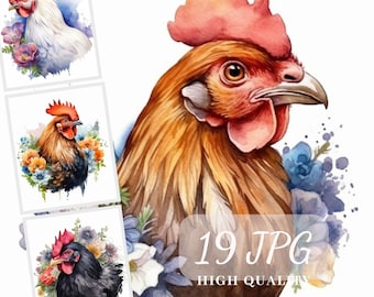 Watercolor Hen Clipart, Colorful Chickens Clipart, 19 High Quality JPG  Images, Commercial Use, Digital Download, Card Making, Clip Art