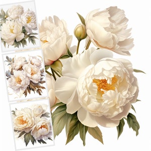 Clipart pivoine blanche aquarelle, 18 images JPG de qualité, 300 DPI, impression botanique, journal numérique, usage commercial, téléchargement numérique, cartes