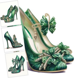 Groene kristallen hoge hakken clipart, prom fashion jpg clipart bundel, commercieel gebruik, 17 afbeeldingen van hoge kwaliteit, junk Journal, kaarten maken