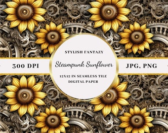 Steampunk Sunflowers Digital Paper, Floral Seamless Pattern, Digital Seamless Tiles, Scrapbook Pages, Digital Download, Commercial Use