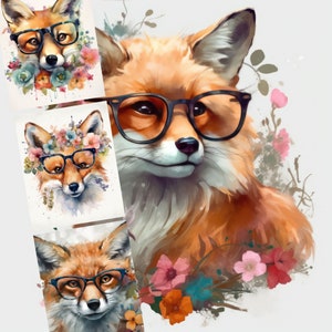 Mignons renards aquarelles avec des lunettes PNG numérique, utilisation commerciale, lot de 10 illustrations, art de renards numériques, clipart de renards numériques