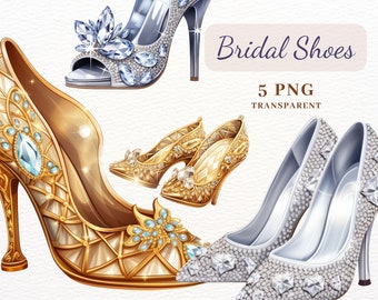Bridal Shoes Clipart, PNG Clipart Bundle, 5 High Quality PNG Images, Sublimation Bundle, Paper Craft, Crystal Shoes, Wedding Shoes Clipart