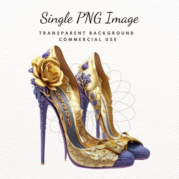 Beautiful Single Shoe Clipart,  Single PNG Image, Invitations Making, Cards Making, Digital Download, Gold and Blue High Heel Shoe