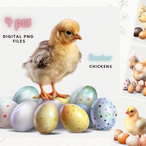 Easter chicken wallart, chicken and eggs clipart, vibrant colors digital art, Easter instant download, Easter bright colors clipart