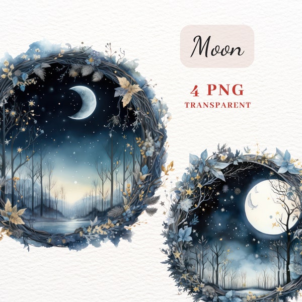 Moon PNG Clipart Bundle, 4 High Quality Moon Images for Cards Making, Sublimation, POD Allowed, Wall Art, Junk Journal, Digital Download