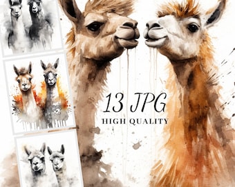 Watercolor Llamas Clipart, Llamas Clipart Bundle, 13 JPG Images, Digital Download, Cards Making Llamas, Scrapbooking, Collage, Sublimation