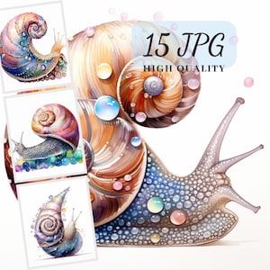 Aquarel slakken Clip Art, 15 hoge kwaliteit JPG-afbeeldingen, fantasie slakken illustraties, zomer clipart, scrapbooking, collages, kaarten maken