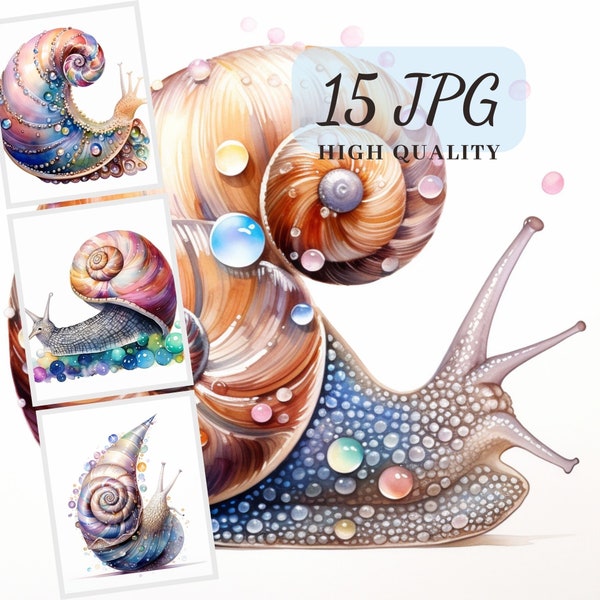 Aquarelle escargots Clip Art, 15 Images JPG de haute qualité, Fantasy escargots Illustrations, été Clipart, Scrapbooking, Collages, fabrication de cartes