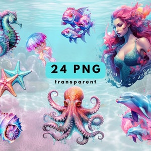 Ocean Life PNG Clipart, PNG Ocean Theme Clipart Bundle, Sea Animals, Mermaids, Instant Download, Seahorse, Sea Star, Coral, Shells, Download