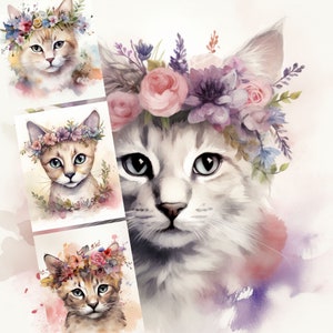 Paquete de imágenes prediseñadas de gatos blancos de acuarela - Paquete de 7 archivos PNG de alta calidad - arte de pared, sublimación, imagen de gatos de postal, gatos para el diseño de tazas