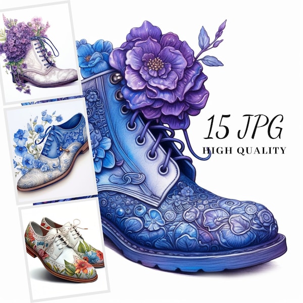 Simple Shoes Clipart, Floral Shoes Clipart, Clipart Bundle, 15 High Quality Shoes Images, Apparel Sublimation, Digital Planner Cover, Cards