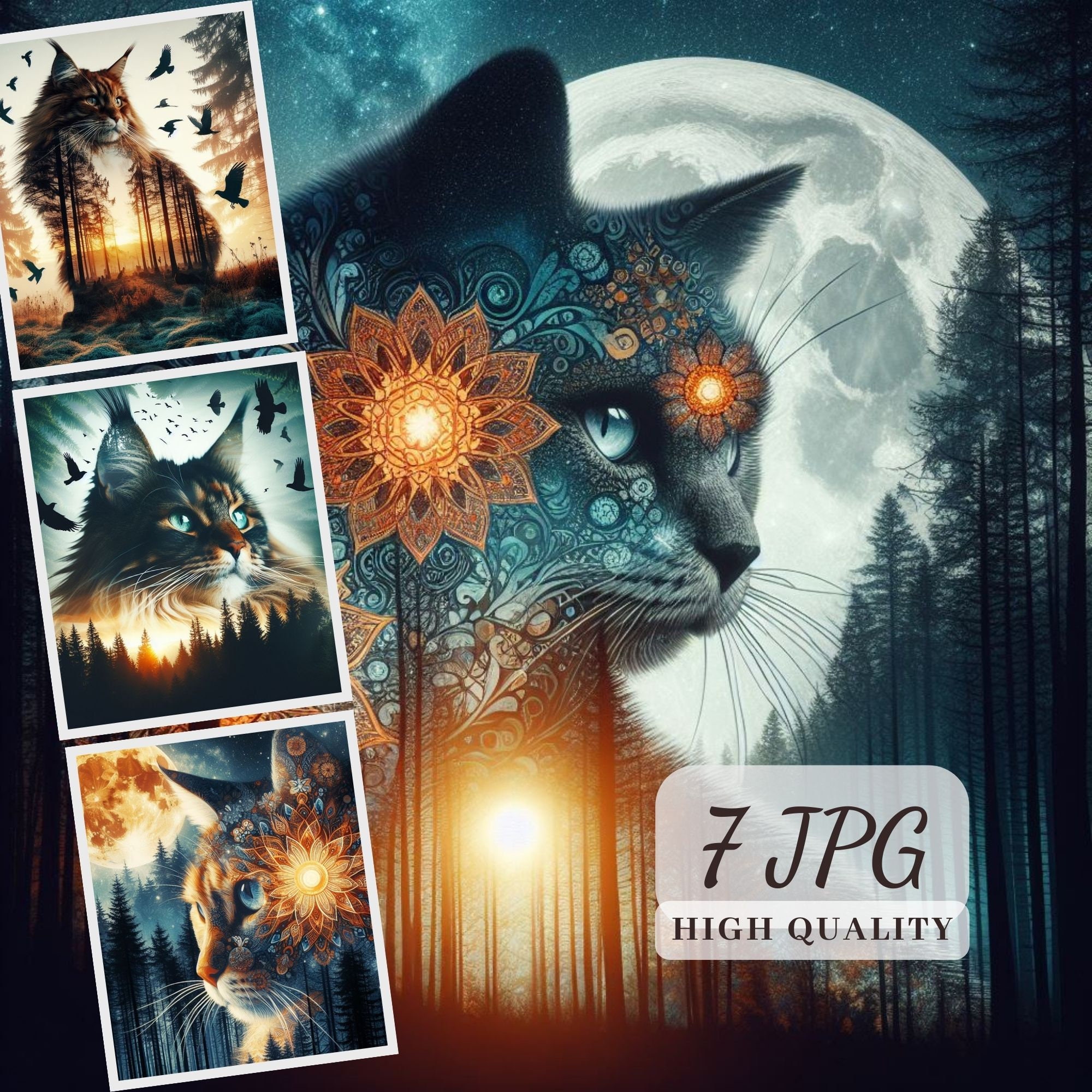 Cat Double Exposure Clipart, Printable Watercolor Clipart, High Quality 7 JPG, Digital Download, Paper Craft, Junk Journals, Card Making