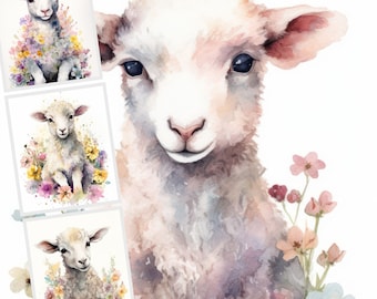 Watercolor Baby Lamb Clipart, Floral Nursery Art (JPG, Commercial Use)