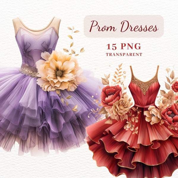 Beautiful Prom Dresses Clipart, Ballet Dancing Dresses Illustrations, 15 PNG Images, PNG Clipart Bundle, Fashion Clipart, Scrapbooking