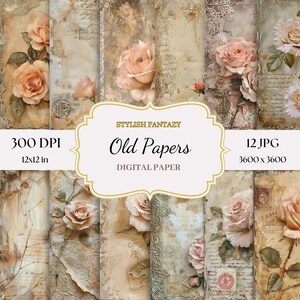 Papel digital floral antiguo, paquete de papel de rosas vintage, 12 papeles JPG de alta calidad, fondos de letras antiguas, juego de papel imprimible, envoltura de regalo