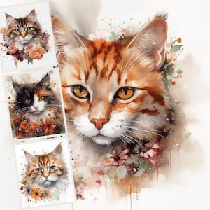Clipart chat floral, JPG Clipart Bundle, fleurs, Clip Art, Illustrations de chat, ensemble de 15 Images, papier numérique, imprimable, utilisation commerciale