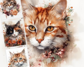 Floral Cat Clipart, JPG Clipart Bundle, Flowers, Clip Art, Cat Illustrations, Set Of 15 Images, Digital Paper, Printable, Commercial Use