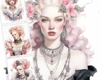 Vintage rococo-koninginnen portret clipart, 8 jpg-bestanden
