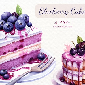 Watercolor Blueberry Cake Clipart, Dessert Clipart, 4 High Quality PNG Images, Blueberry Cake Illustrations, Cards Making, Cake Sublimation