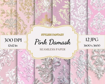 Pink Damask Digital Paper, Seamless Vintage Pattern (Digital Download)