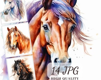 Op de afbeelding: Een digitale download van 14 hoogwaardige aquarel schilderijen van paarden. De afbeeldingen tonen close-ups van paarden met verschillende vachtkleuren en manen.