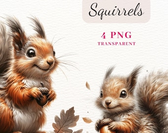 Cute Squirrel Clipart, Forest Animal PNG Bundle (Digital Download)
