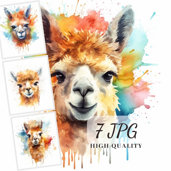 Watercolor Alpaca Clipart, 7 High Quality JPG Images, Alpaca Wall Art, Nursery Wall Decor, Cards Making, Sublimation, POD Allowed, Scrapbook