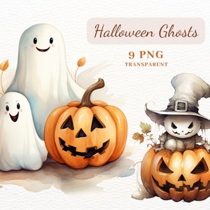 Watercolor Halloween Ghosts Clipart, 9 PNG Ghosts Images, Spooky Halloween, PNG Clipart Bundle for Cards Making, Scrapbook, Digital Download