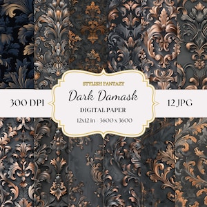 Dark Damask Digital Paper, 12 High Quality Images, Printable Scrapbook Paper, Old Vintage Patttern  Digital Paper, Scrapbook Collage Sheets