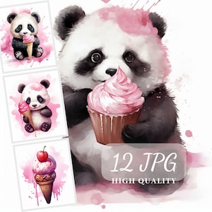 Clipart de panda pequeno fofo, imagens de panda com sorvete, 12 elementos de alta qualidade, rosa e preto, sublimação, POD permitido, Junk Journal
