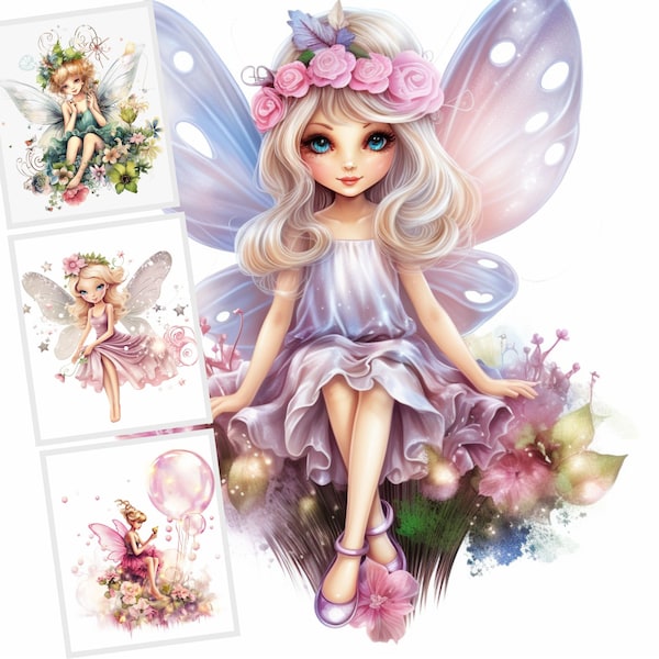 Cute Fairies Clipart, JPG Clipart Bundle, Watercolor Fairy Girls, 10 Fairies Images, Digital Paper Crafting, Digital Planner, Fairies Cards