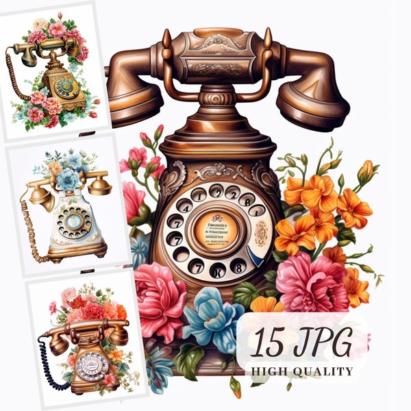 Retro Phone Clipart, Digital Telephone Images, Clipart Bundle, 15 High Quality JPG Illustrations, Floral Phone Clipart for Cards Making