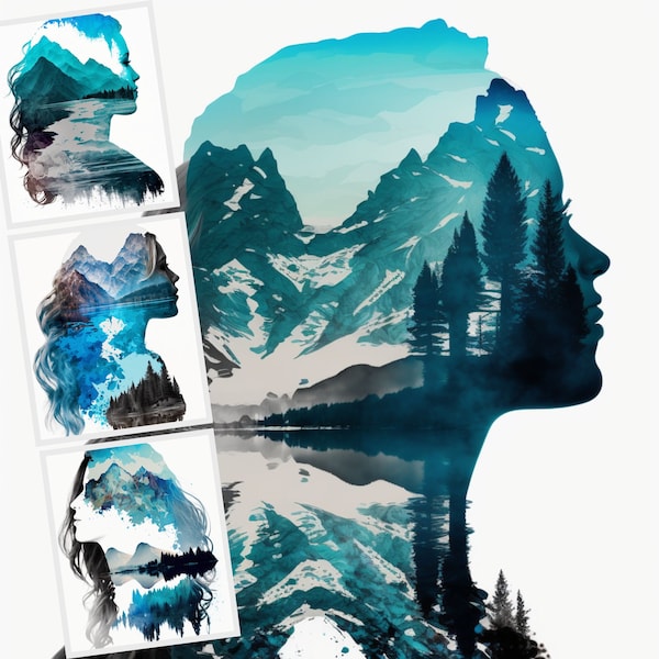 Girl Double Exposure Silhouettes Digital Image Bundle, Digital Images Bundle, Digital Crafting, Landscape Images, JPG Images, Shirt, POD