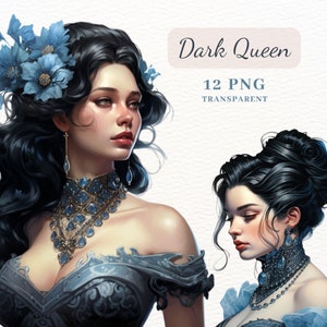 Imágenes Prediseñadas de Reina Oscura, Imágenes Prediseñadas PNG de mujer hermosa, Paquete de imágenes prediseñadas de 12 imágenes PNG, Papeles de Scrapbooking, Técnica mixta, Fabricación de tarjetas, POD permitido