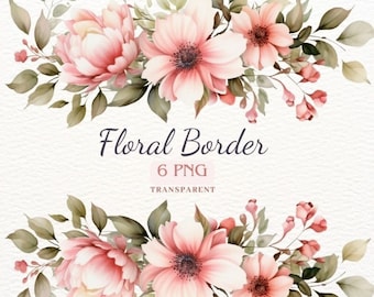 Floral Borders PNG Clipart, Watercolor Flowers (Digital Download)