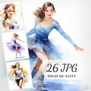 Sport Girl Clipart, Clipart Sport, Clipart de patinage sur glace, Illustrations de femmes de sport, 26 Images JPG de haute qualité pour l'artisanat en papier, Junk Journal