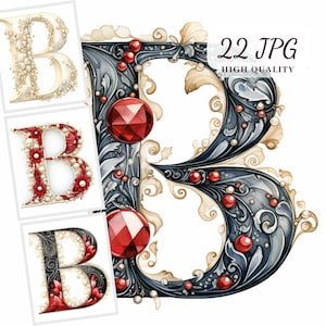 Clipart da letra B, 22 imagens JPG para download instantâneo, design digital de letras de pérolas e cristais, papéis para scrapbooking, confecção de cartões, arte para impressão