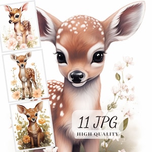 Floral Rehkitz Clipart, Aquarell Rehkitz Clipart Bundle, hochwertige 11 JPG Bilder für kommerzielle Nutzung, Pastellfarben, Kinderzimmer Wandkunst, Karten