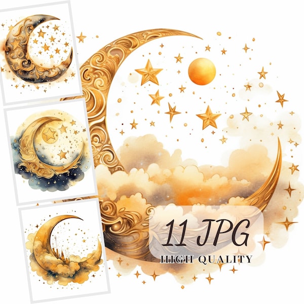 Goldener Halbmond Clipart, 11 hochwertige JPG Bilder, Clipart Bundle, Gelber Mond Wandkunst, Kinderzimmer Dekor, Scrapbooking, digitale Papiere