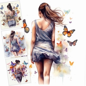Mädchen mit Blumen und Schmetterlingen Clipart Nr. 2, Instant Download, Girl Back Clipart, Planer Cover, Girly Planer, JPG Clip Art, Sublimation