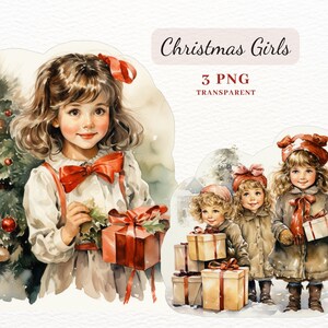 Christmas Girls Clipart, PNG Clipart Bundle, 3 High Quality PNG Images, Retro Girls Clipart for Cards Making, Invitations, Sublimation